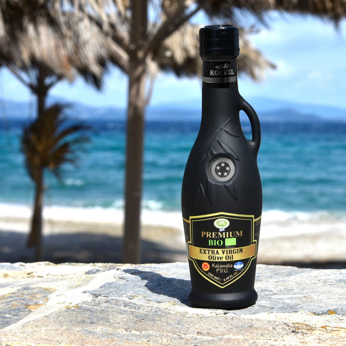 KORVEL Greek Extra Virgin Olive Oil Organic Premium PDO Kalamata, black Amphora 8.45 fl oz - 2 pack - Korvel-Food Inc.
