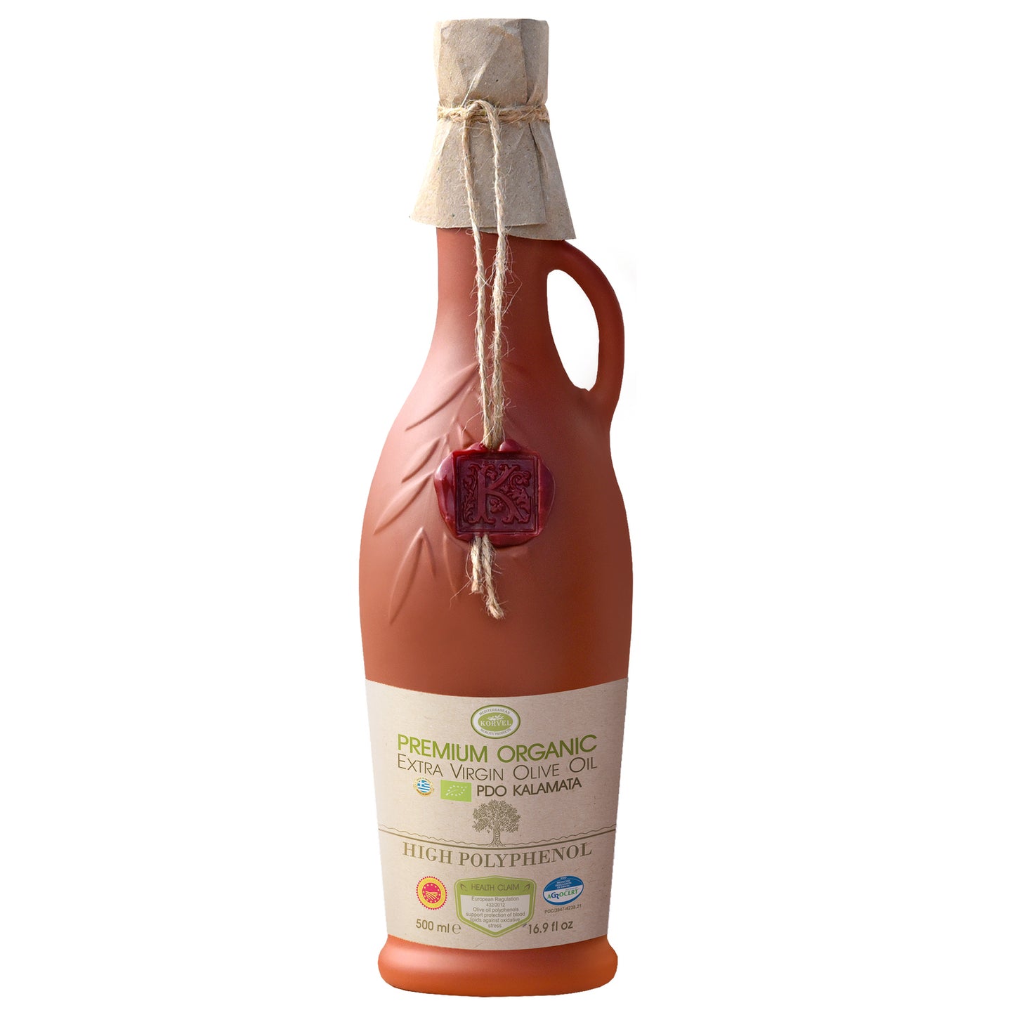 KORVEL Greek Premium Organic PDO Kalamata (Polyphenol-rich), KORVEL, brown Amphora 16.9 fl oz - Korvel-Food Inc.