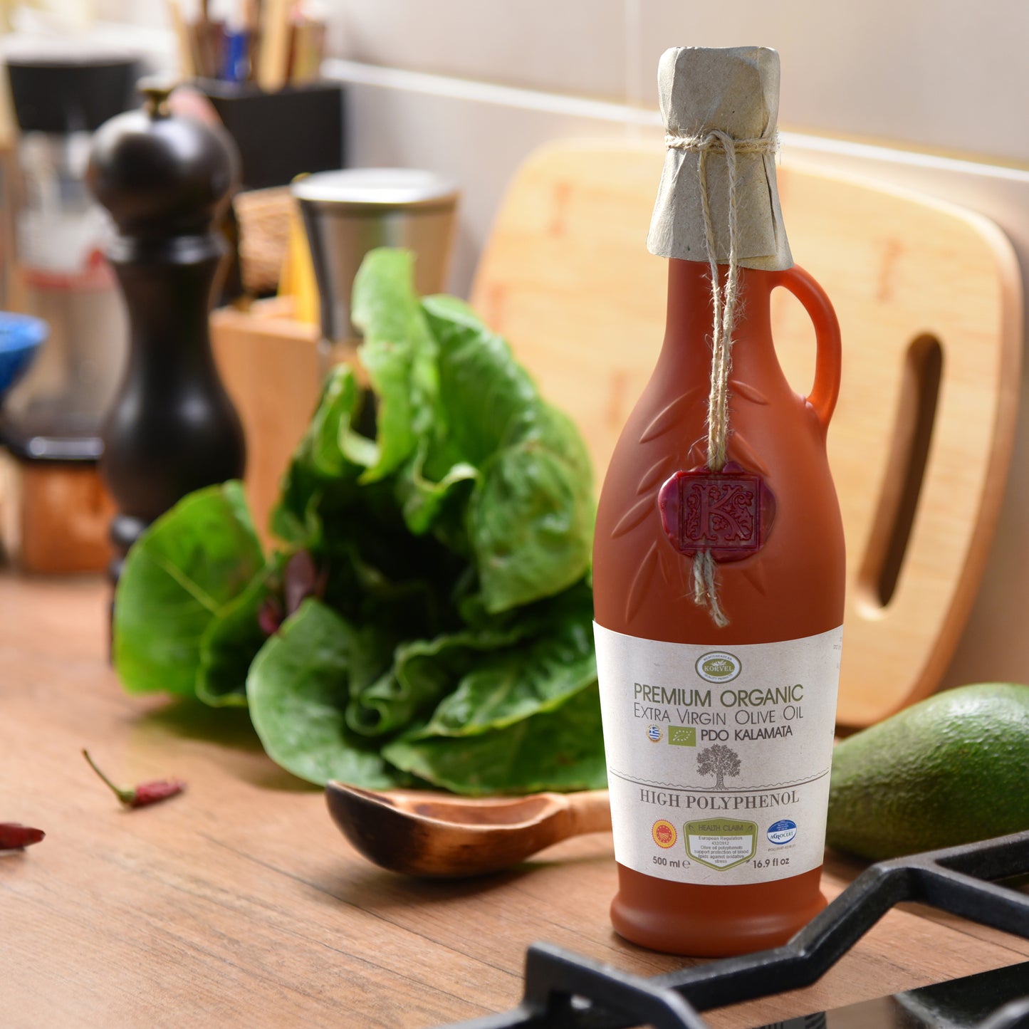 KORVEL Greek Premium Organic PDO Kalamata (Polyphenol-rich), KORVEL, brown Amphora 16.9 fl oz - Korvel-Food Inc.