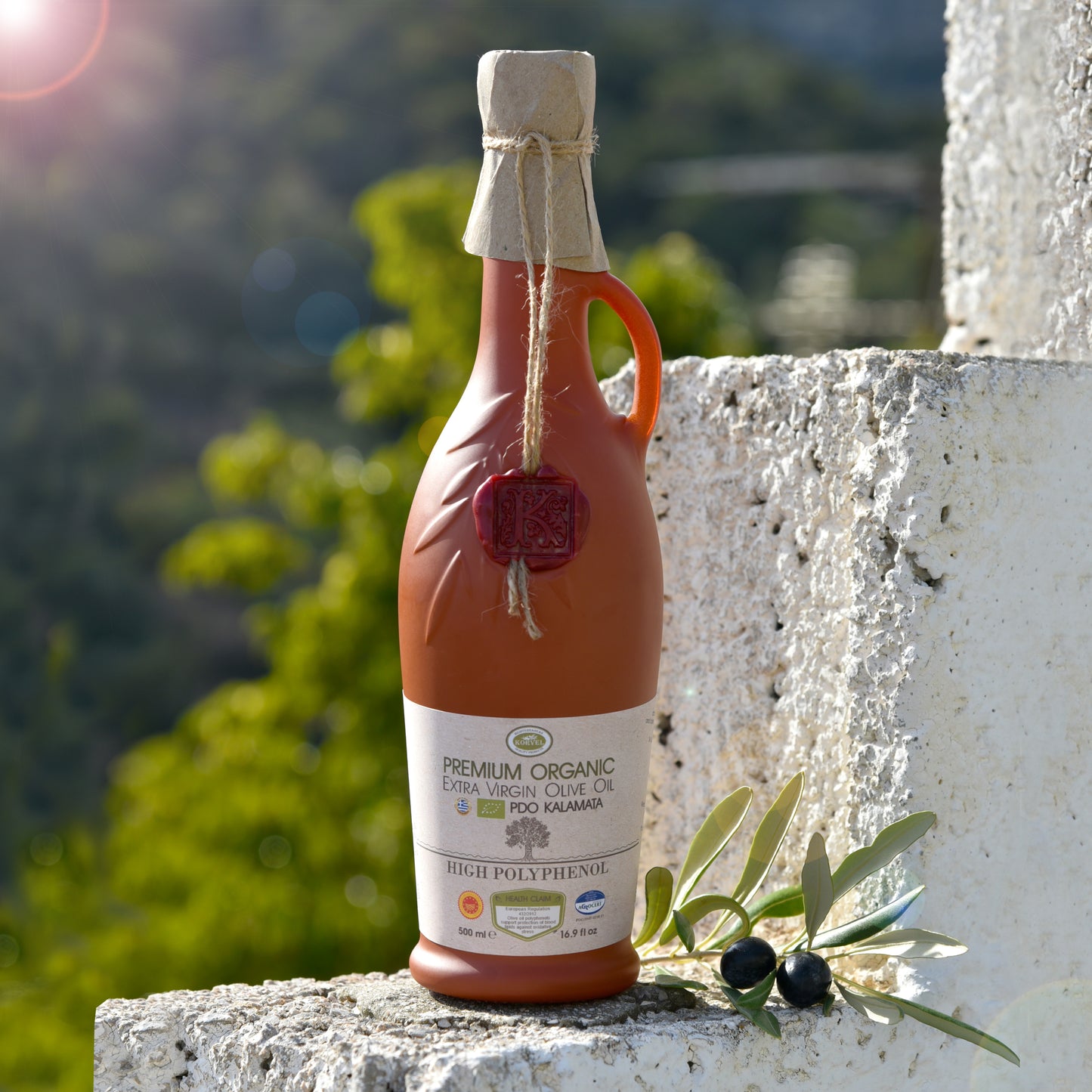 KORVEL Greek Premium Organic PDO Kalamata (Polyphenol-rich), KORVEL, brown Amphora 16.9 fl oz - Korvel-Food Inc.