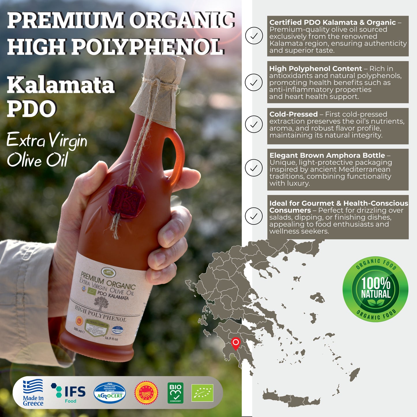 KORVEL Greek Premium Organic PDO Kalamata (Polyphenol-rich), KORVEL, brown Amphora 16.9 fl oz - Korvel-Food Inc.