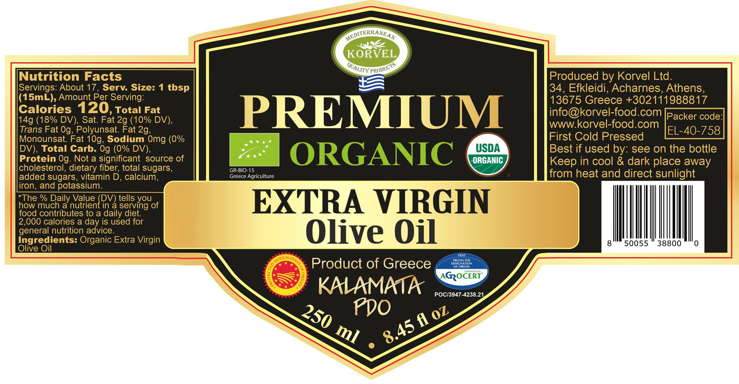 KORVEL Greek Extra Virgin Olive Oil Organic Premium PDO Kalamata, black Amphora 8.45 fl oz - 2 pack - Korvel-Food Inc.