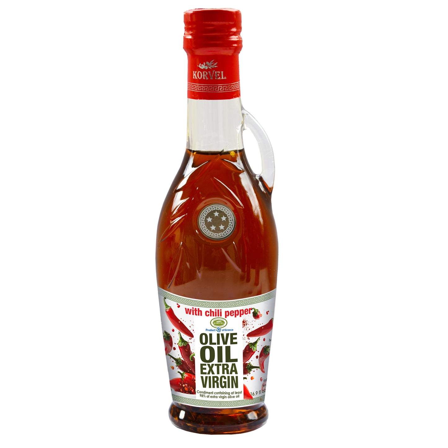 KORVEL Greek Extra Virgin Olive Oil with Chili Pepper, Amphora 16.9 fl oz (500ml)