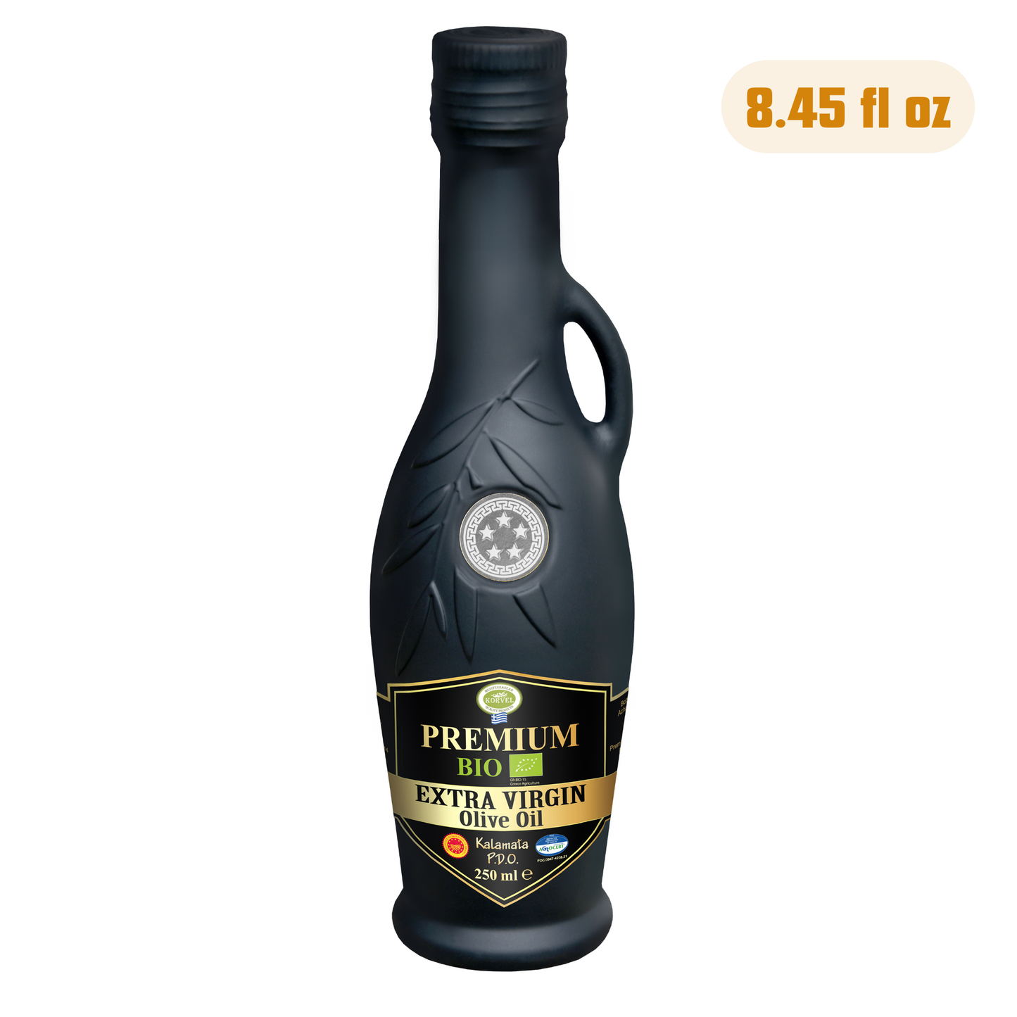 KORVEL Greek Extra Virgin Olive Oil Organic Premium PDO Kalamata, black Amphora 8.45 fl oz - Korvel-Food Inc.