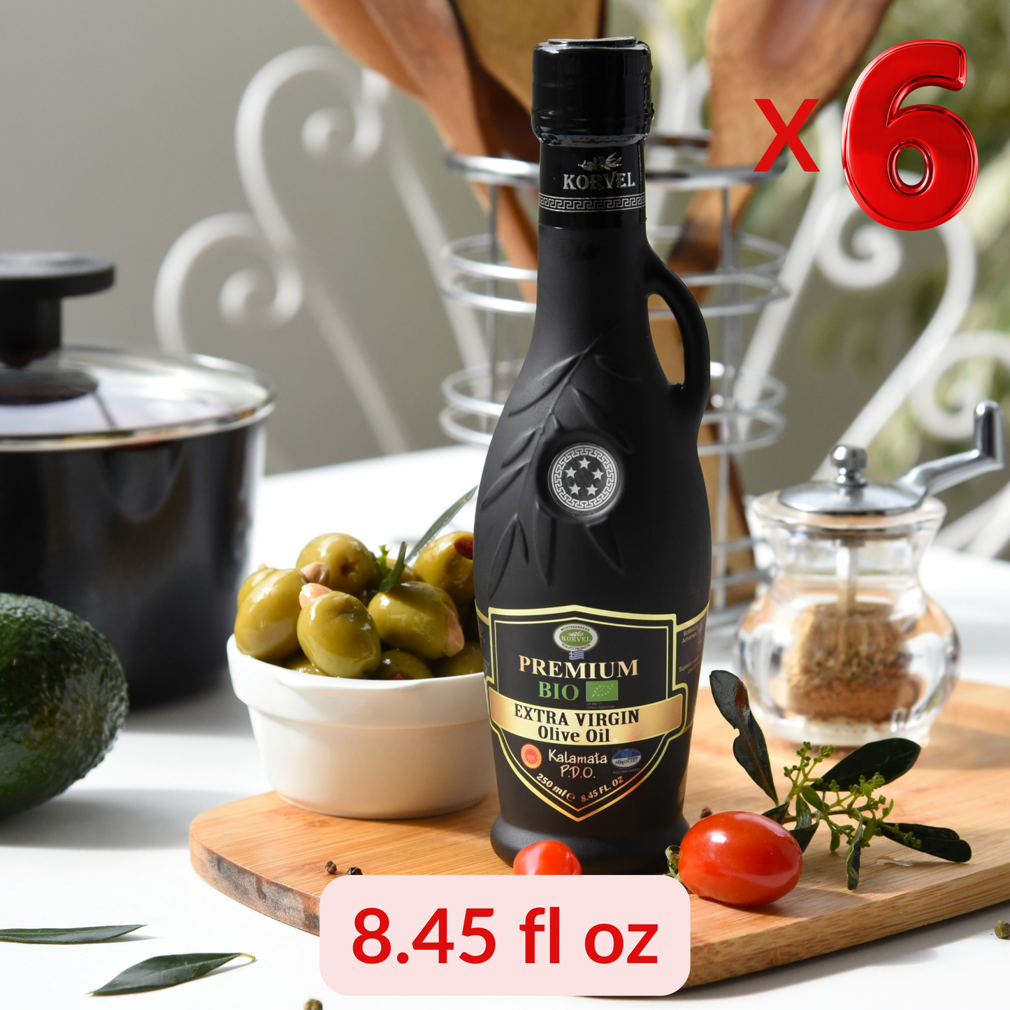 KORVEL Greek Extra Virgin Olive Oil Organic Premium PDO Kalamata, black Amphora 8.45 fl oz - 6 pack - Korvel-Food Inc.