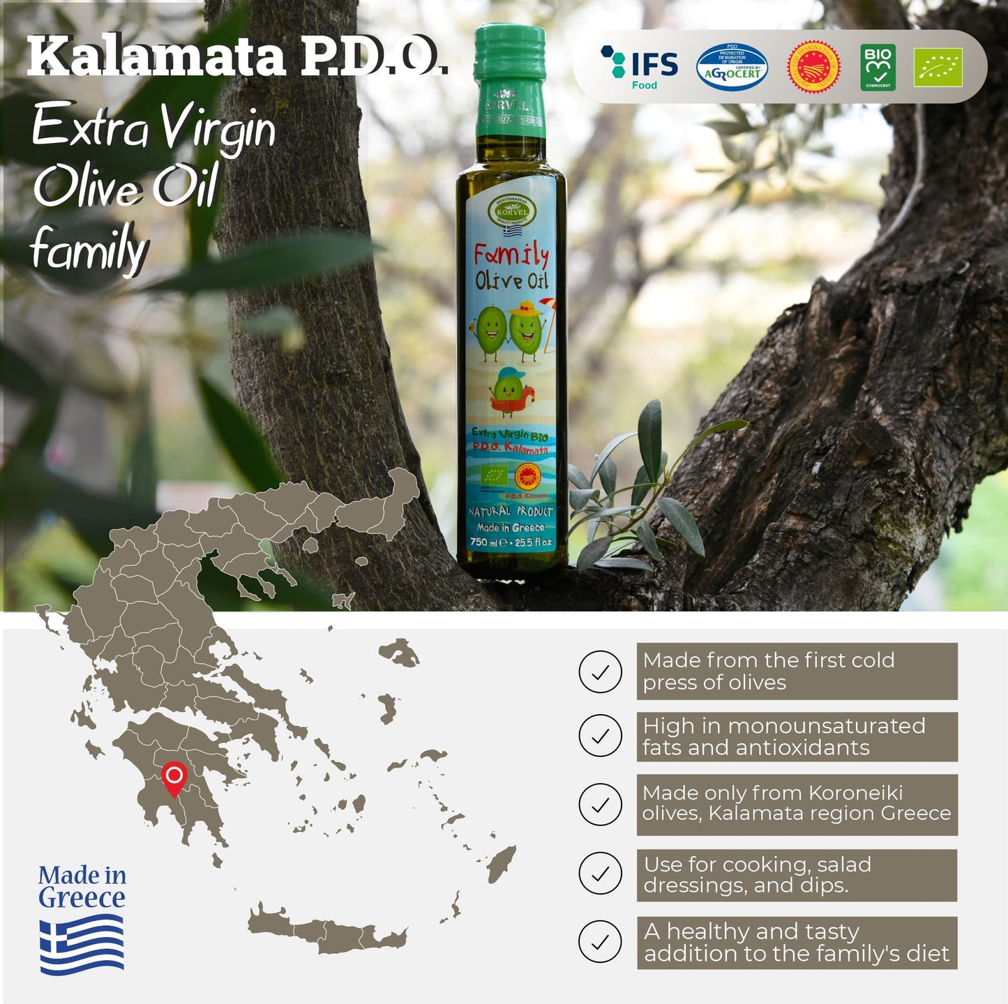 KORVEL Greek Extra Virgin Olive Family Oil Organic PDO Crete, KORVEL, 25.4 fl oz - Korvel-Food Inc.