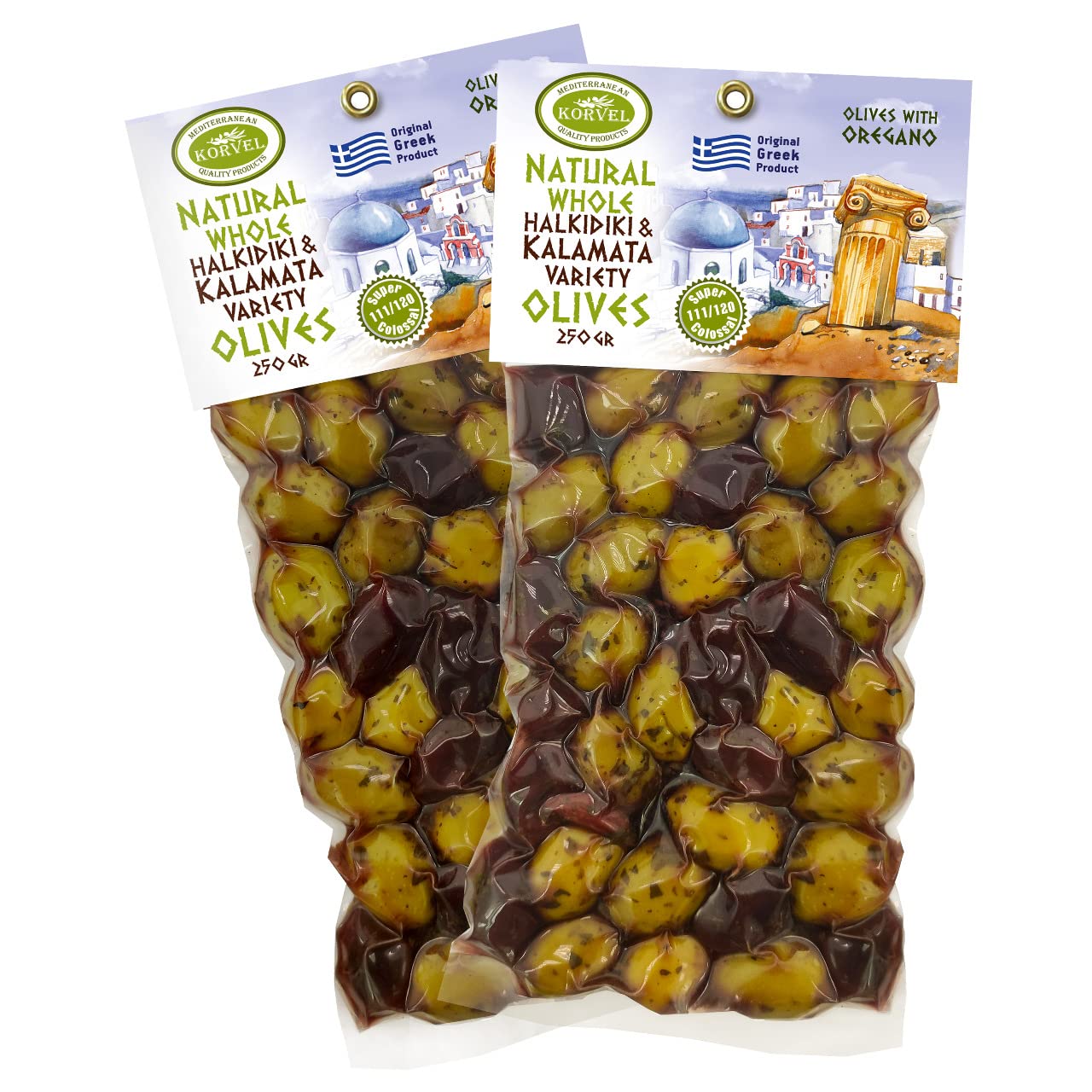 KORVEL Greek Olives - Kalamata-Halkidiki with Oregano - set of two packs, 2 x 250g - 500g - Vacuum Pack - Korvel-Food Inc.