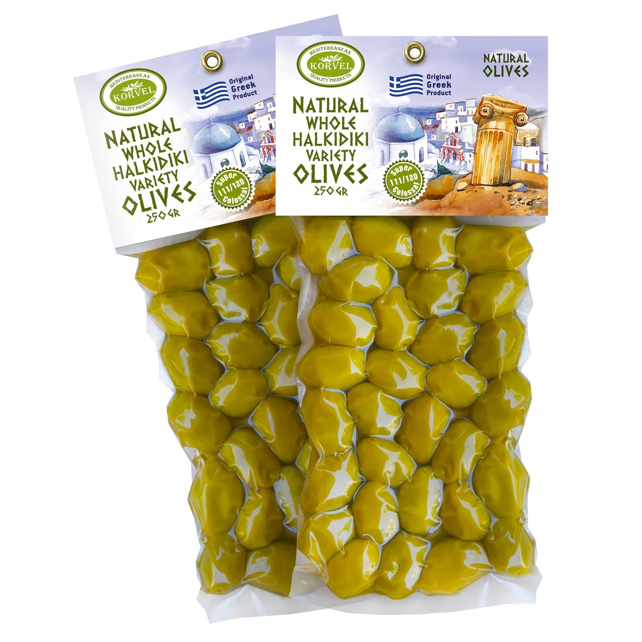 KORVEL Greek Olives - Halkidiki Green Olives - set of two packs, 2 x 250g - 500g - Vacuum Pack - Korvel-Food Inc.