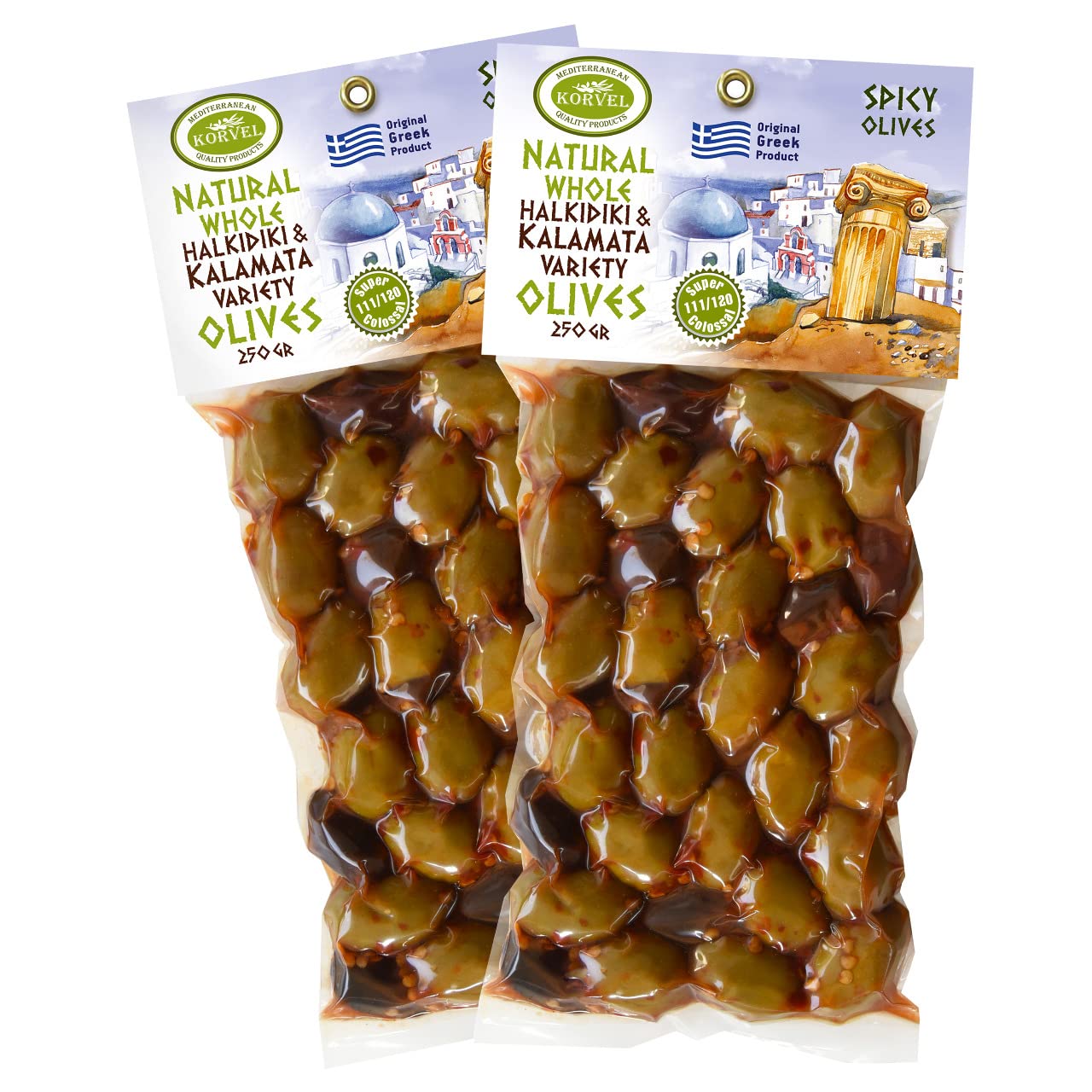 KORVEL Greek Olives - Kalamata-Halkidiki with Paprika - set of two packs, 2 x 250g - 500g - Vacuum Pack - Korvel-Food Inc.