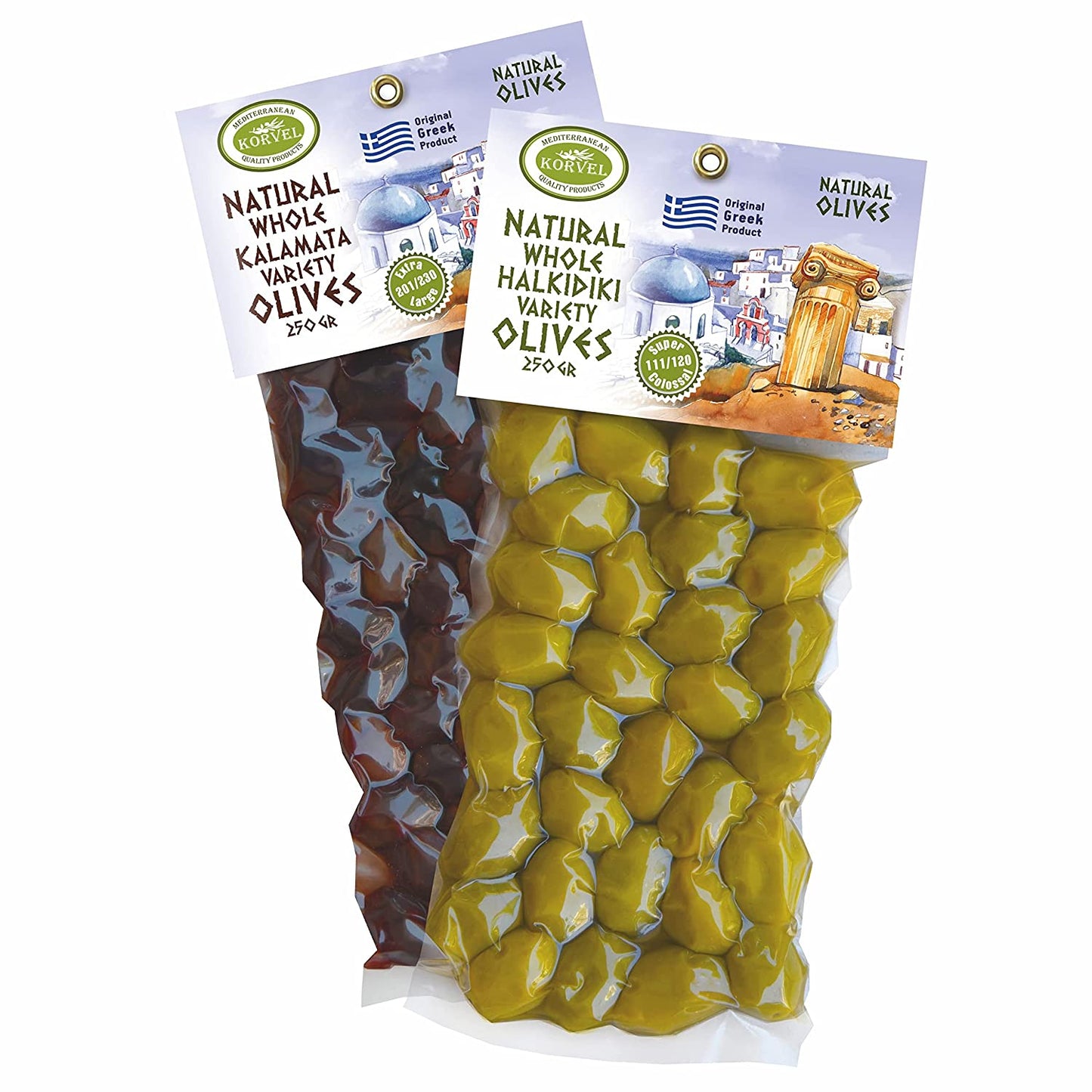 KORVEL Greek Olives - Mix Halkidiki and Kalamata - set of two packs, 2 x 250g - 500g - Vacuum Pack - Korvel-Food Inc.