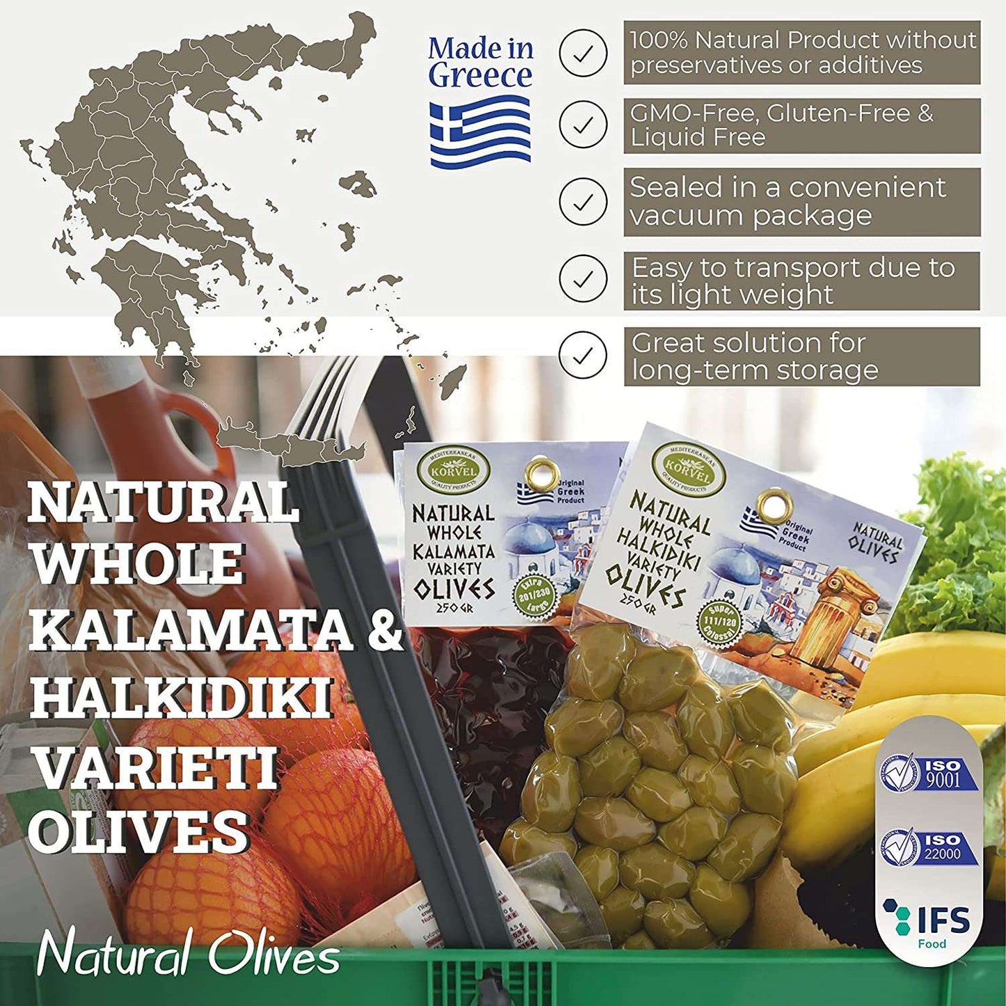 KORVEL Greek Olives - Halkidiki and Kalamata - set of two packs 2 x 0.55 lb - 1.1 lb