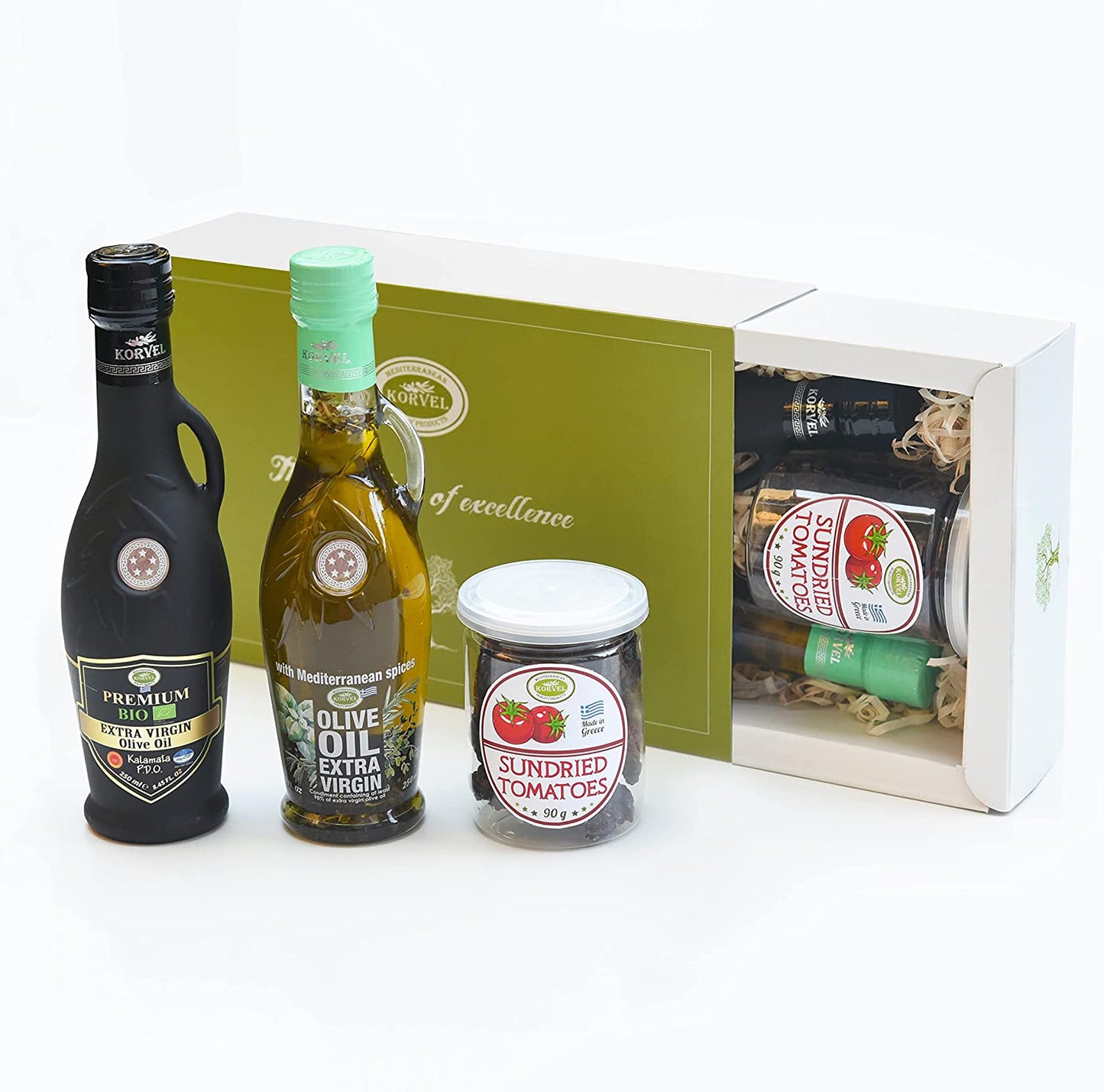 KORVEL Premium Gift Set (BIO EVOO PDO Kalamata, EVOO with Mediterranean Herbs, Sun Dried Tomatoes) - Korvel-Food Inc.