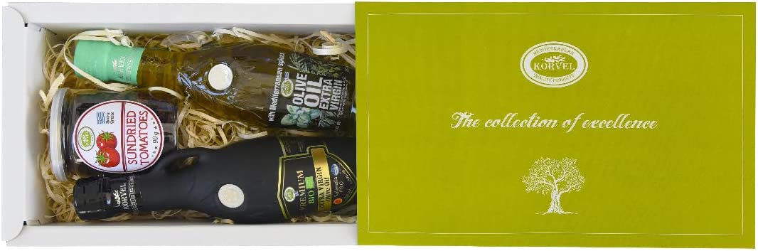 KORVEL Premium Gift Set (BIO EVOO PDO Kalamata, EVOO with Mediterranean Herbs, Sun Dried Tomatoes) - Korvel-Food Inc.