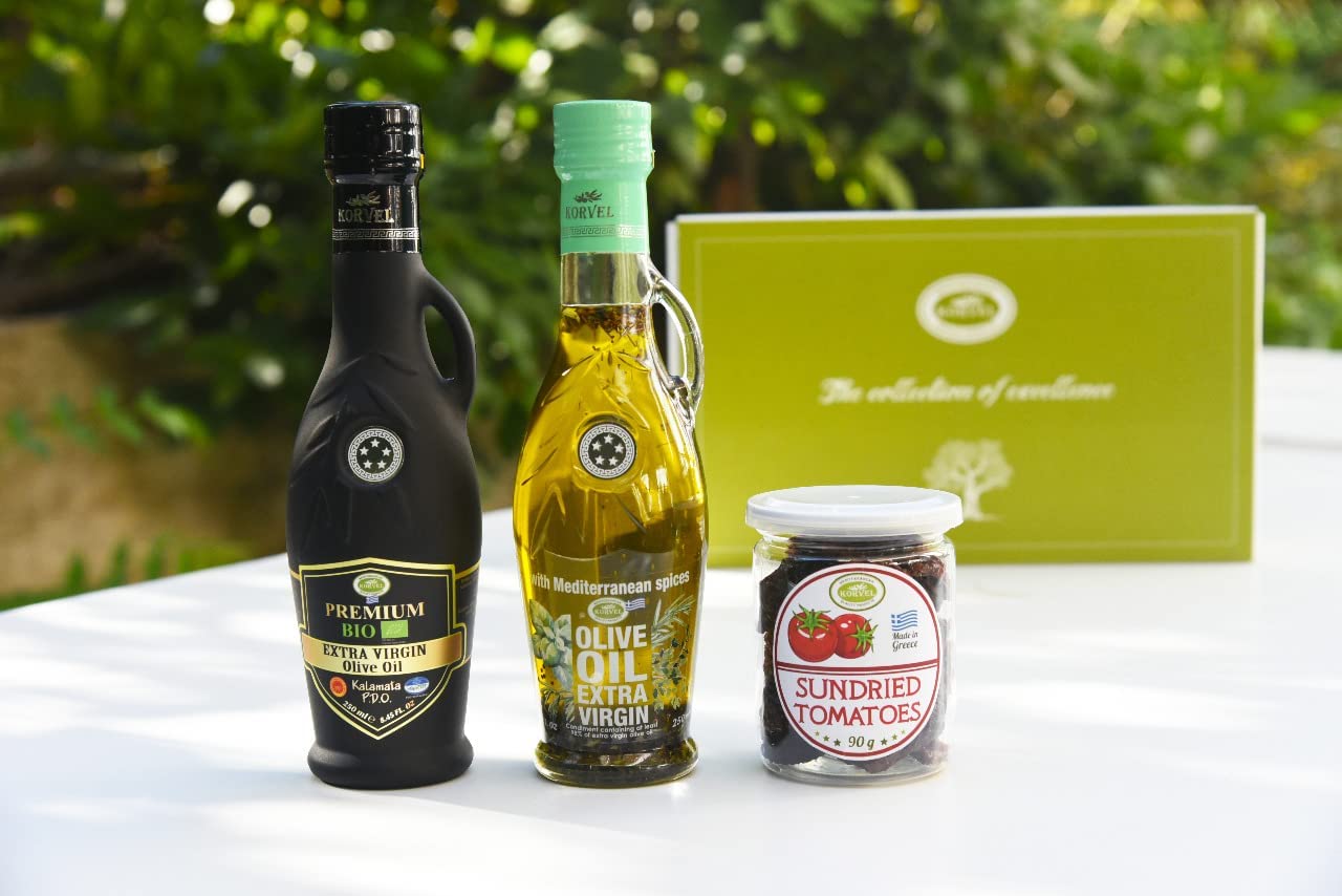 KORVEL Premium Gift Set (BIO EVOO PDO Kalamata, EVOO with Mediterranean Herbs, Sun Dried Tomatoes) - Korvel-Food Inc.