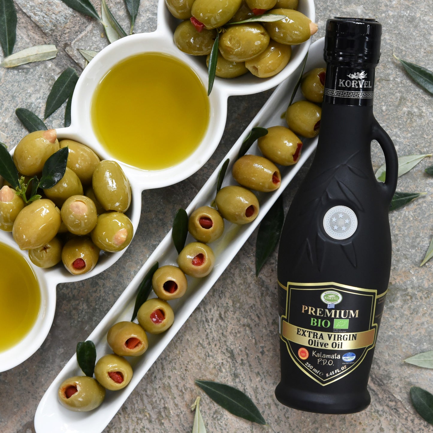 KORVEL Greek Extra Virgin Olive Oil Organic Premium PDO Kalamata, black Amphora 8.45 fl oz - 2 pack - Korvel-Food Inc.