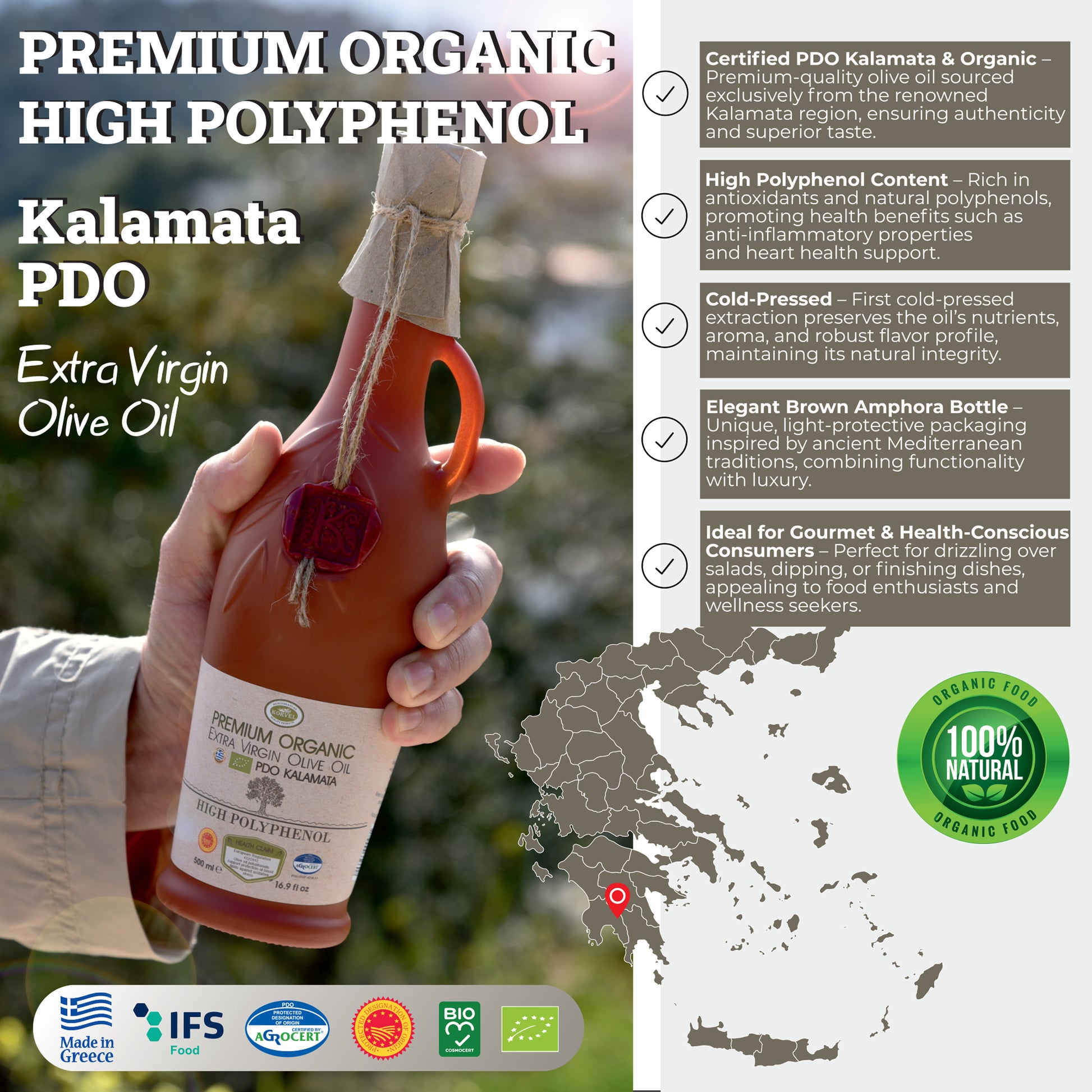 KORVEL Greek Premium Organic PDO Kalamata (Polyphenol-rich), KORVEL, brown Amphora 16.9 fl oz - Korvel-Food Inc.