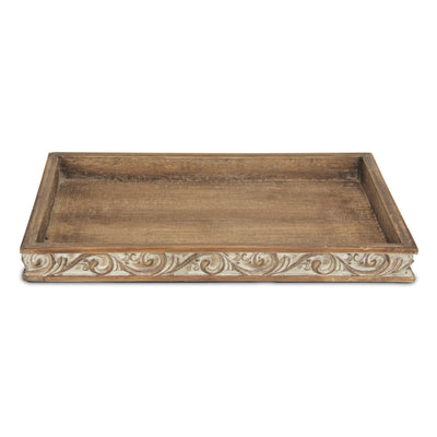 Brown Distressed Finish Wood Tray With Side Carvings - 17"