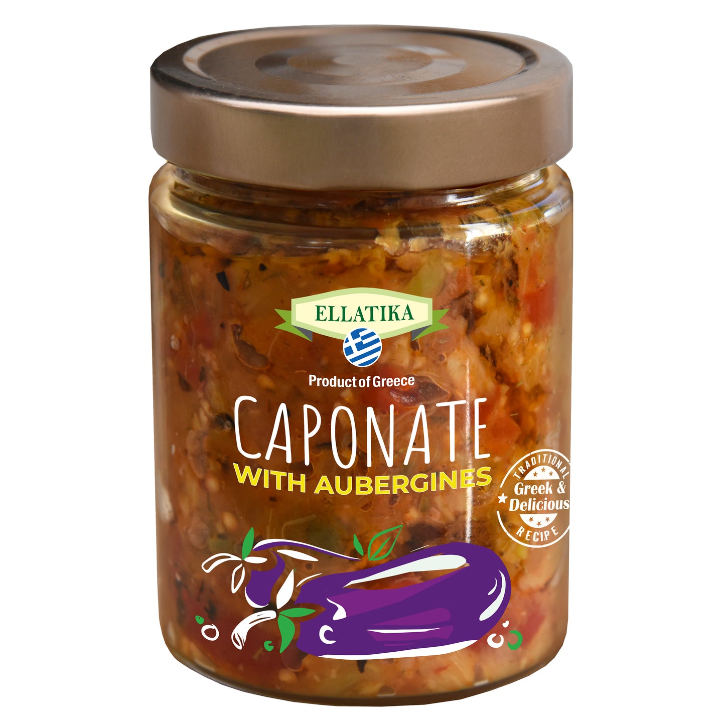 ELLATIKA Sicilian Caponata with Aubergines – Mediterranean Antipasto – 11.28 oz Glass Jar