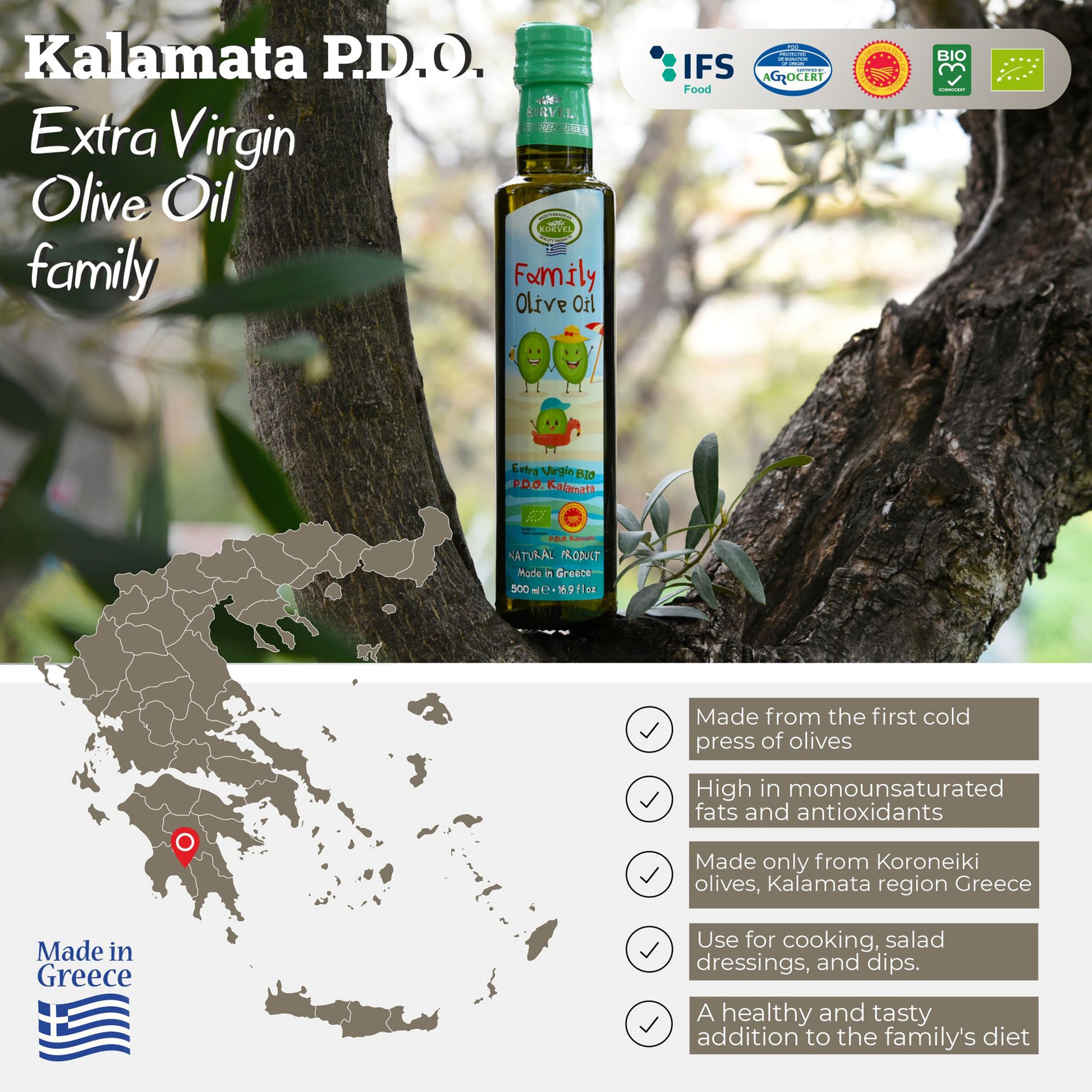KORVEL Greek Extra Virgin Olive Family Oil Organic PDO Crete, KORVEL, 16.9 fl oz - Korvel-Food Inc.