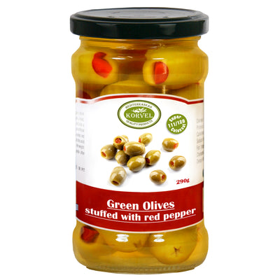 Greek Green Halkidiki Olives Stuffed with sweet red pepper – Super Colossal – KORVEL – 290g Glass Jar