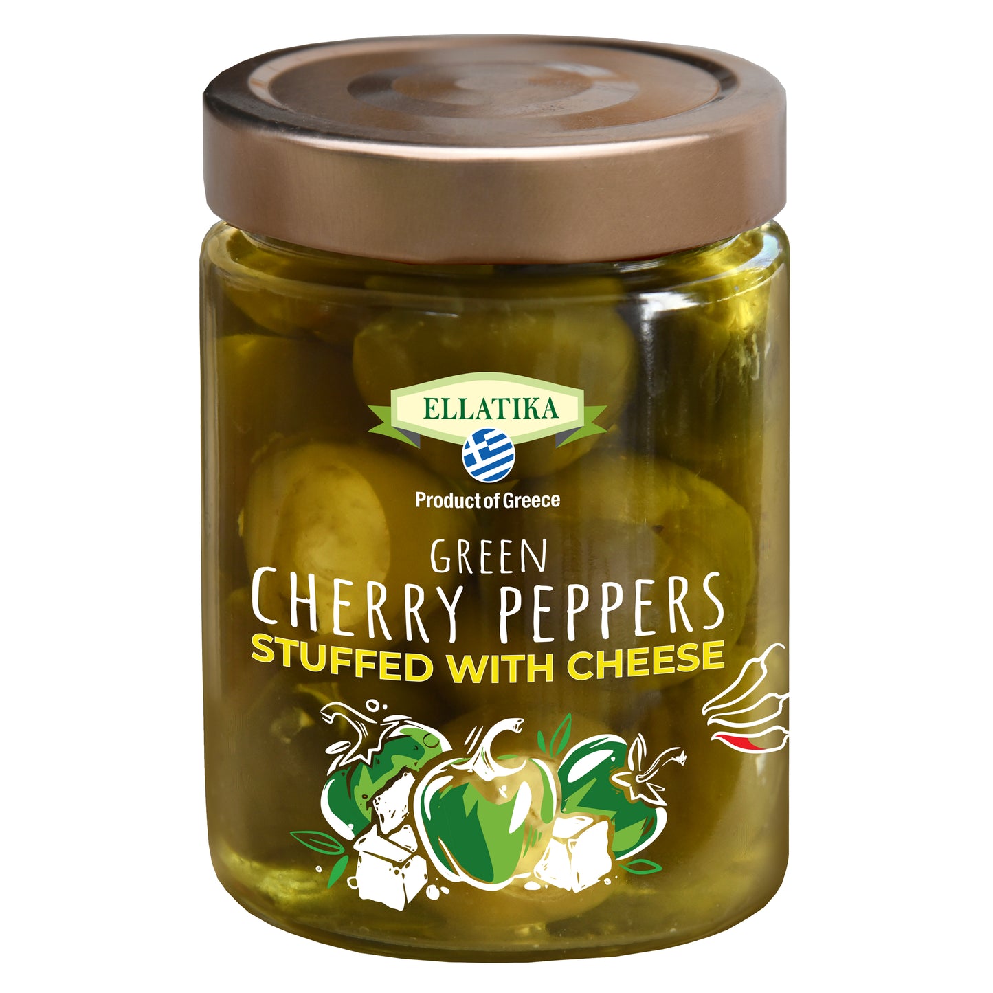 ELLATIKA Cheese-Stuffed Green Cherry Peppers – in Sunflower Oil – 11.28 oz Glass Jar