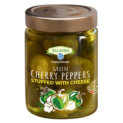ELLATIKA Cheese-Stuffed Green Cherry Peppers – in Sunflower Oil – 11.28 oz Glass Jar