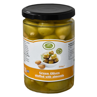 KORVEL Greek Green Almond-Stuffed Halkidiki Olives – Super Colossal – 13.4 oz Jar