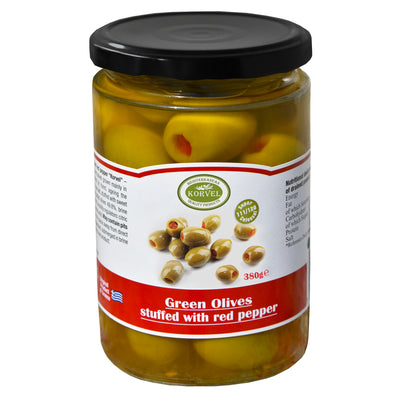 KORVEL Greek Green Red Pepper-Stuffed Halkidiki Olives – Super Colossal – 13.4 oz Jar