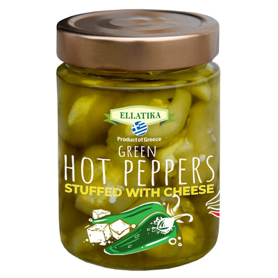ELLATIKA Cheese-Stuffed Green Hot Bell Peppers – in Sunflower Oil – 11.28 oz Glass Jar