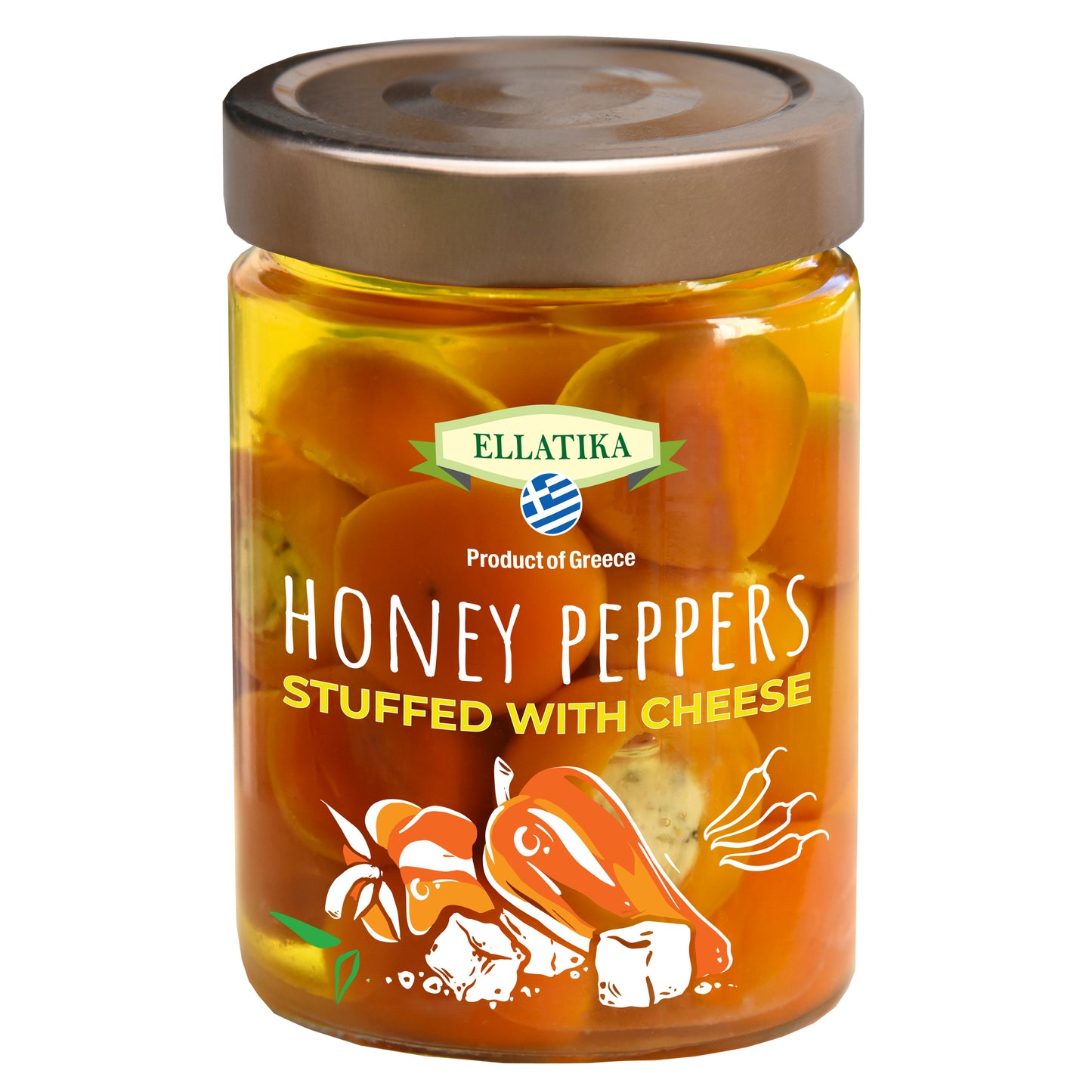 ELLATIKA Cheese-Stuffed Honey Peppers – in Sunflower Oil – 11.28 oz Glass Jar