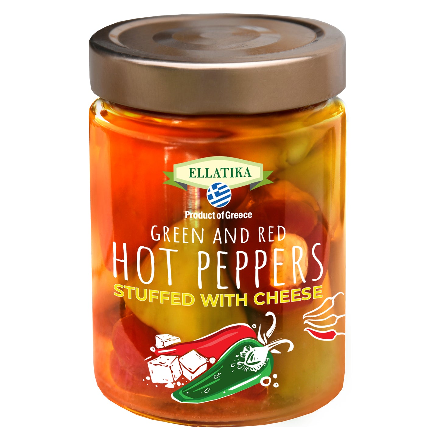 ELLATIKA Cheese-Stuffed Red & Green Bell Peppers – in Sunflower Oil – 11.28 oz Glass Jar