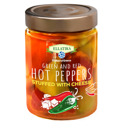 ELLATIKA Cheese-Stuffed Red & Green Bell Peppers – in Sunflower Oil – 11.28 oz Glass Jar