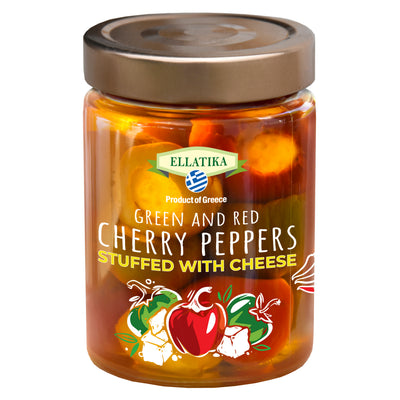 ELLATIKA Cheese-Stuffed Red & Green Cherry Peppers – in Sunflower Oil – 11.28 oz Jar