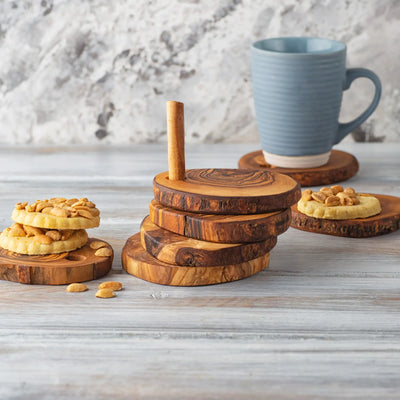 Olive Wood Coaster Set with Holder - 7 Pcs