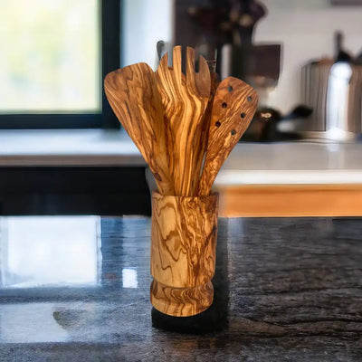 Olive Wood Kitchen Servers Set w/Holder - 6 Pcs