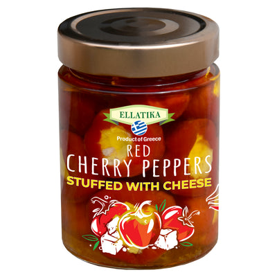 ELLATIKA Cheese-Stuffed Red Cherry Peppers – in Sunflower Oil – 11.28 oz Glass Jar