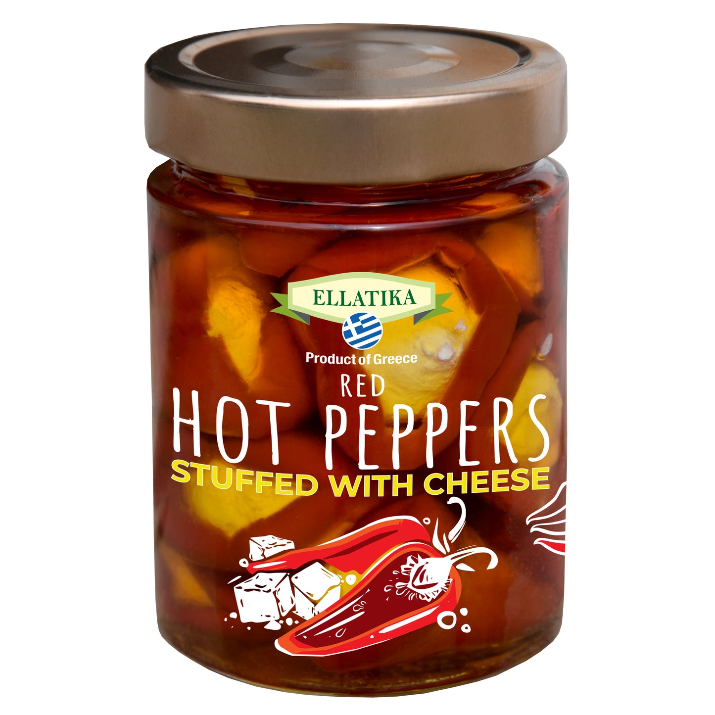 ELLATIKA Cheese-Stuffed Red Hot Bell Peppers – in Sunflower Oil – 11.28 oz Glass Jar