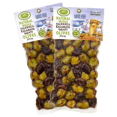 KORVEL Greek Olives - Kalamata-Halkidiki with Oregano - set of two packs, 2 x 250g - 500g - Vacuum Pack