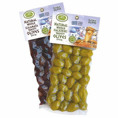 KORVEL Greek Olives - Mix Halkidiki and Kalamata - set of two packs, 2 x 250g - 500g - Vacuum Pack