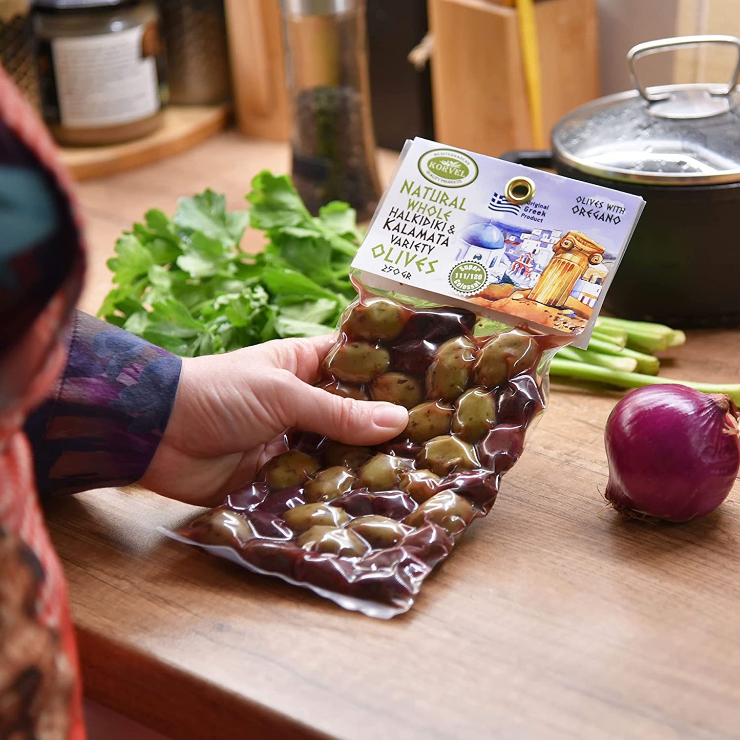 KORVEL Greek Olives - Kalamata-Halkidiki with Oregano - set of two packs, 2 x 250g - 500g - Vacuum Pack - Korvel-Food Inc.