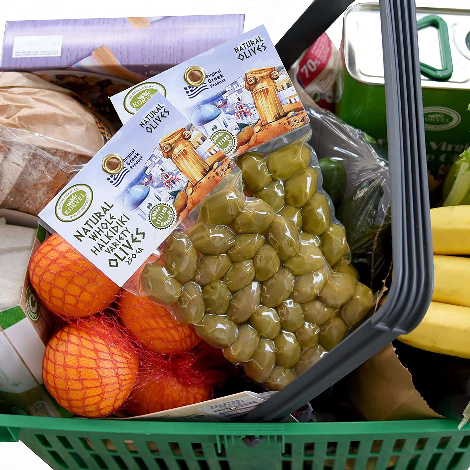 KORVEL Greek Olives - Halkidiki + Green Olives - set of two packs 2 x 0.55 lb - 1.1 lb
