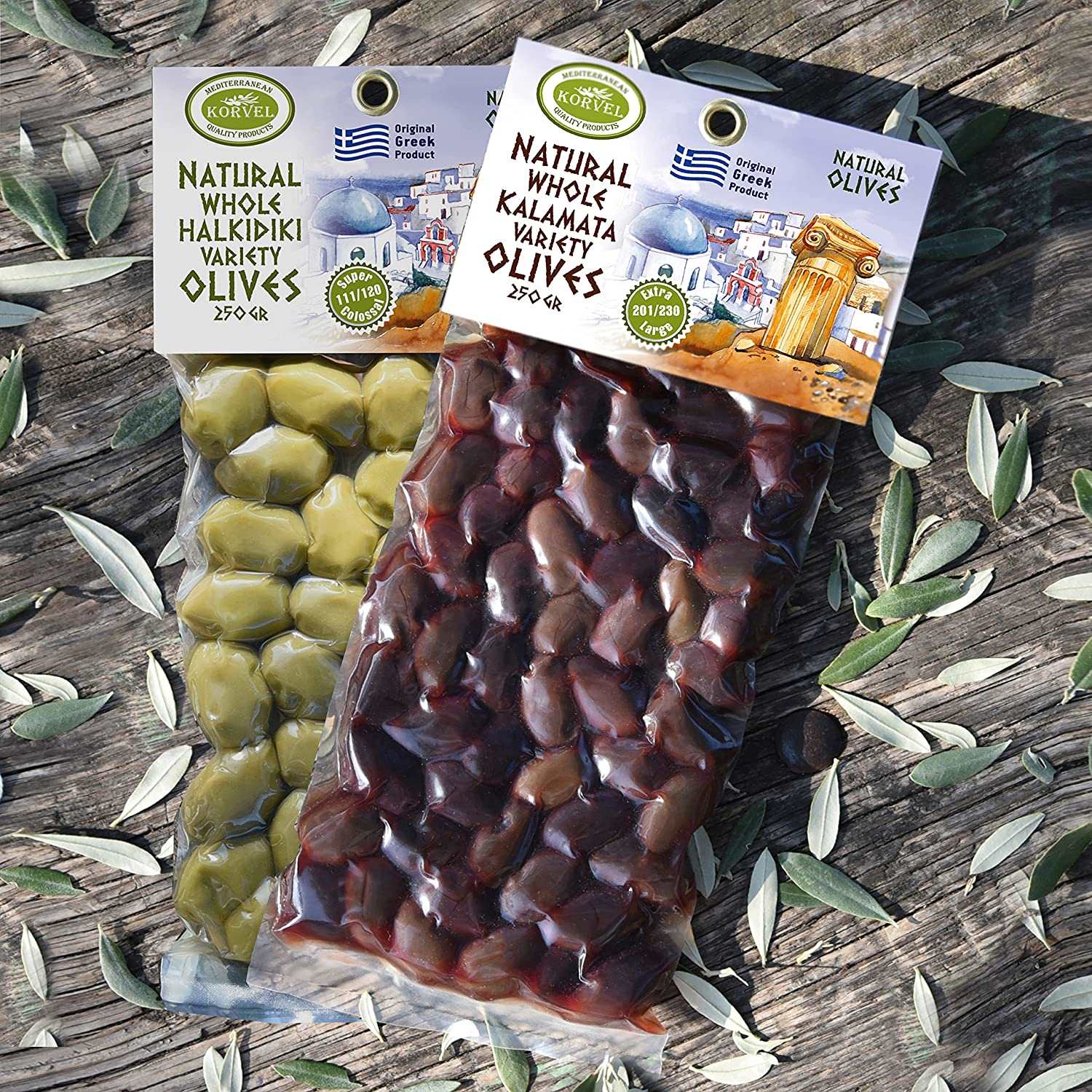 KORVEL Greek Olives - Halkidiki and Kalamata - set of two packs 2 x 0.55 lb - 1.1 lb
